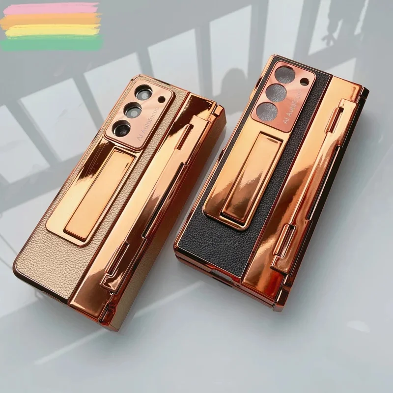 For Samsung Galaxy Z Fold 7 6 5 4 3 5G Case Plating Leather Stand Fold 7 Flat Hinge Cover With Front Glass Film Protective Case