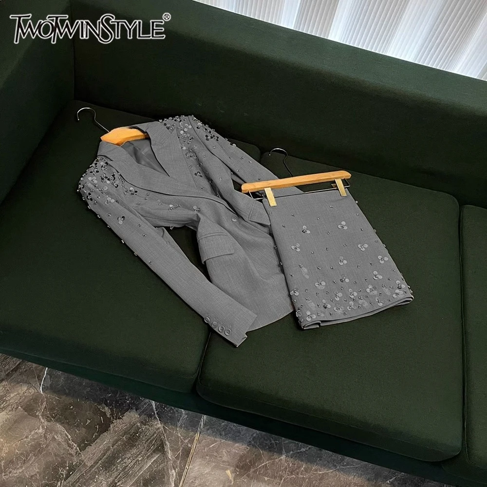 TWOTWINSTYLE Casual Spliced Sequin Two Piece Sets For Women Lapel Long Sleeve Top High Waist Skirt Chic Set Female New KSE520812