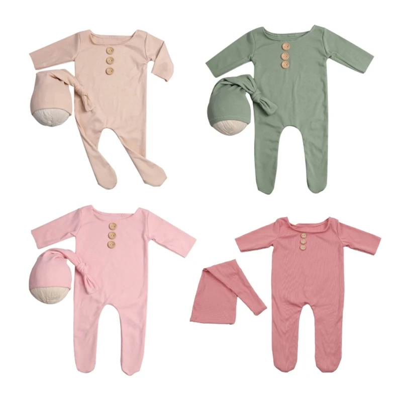 

2Pcs/Set Newborn Baby Long Romper Jumpsuit with Knotted Hat Buttons Solid Color Infant Coverall Photo Prop Outfits Drop shipping