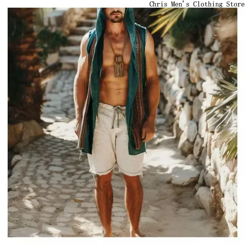 Vintage Ethnic Style Hooded Male Sleeveless Shirt Cardigan Beach Holiday Hooded Sleeveless Men\'s Cardigan Hooded Sleeveless Vest