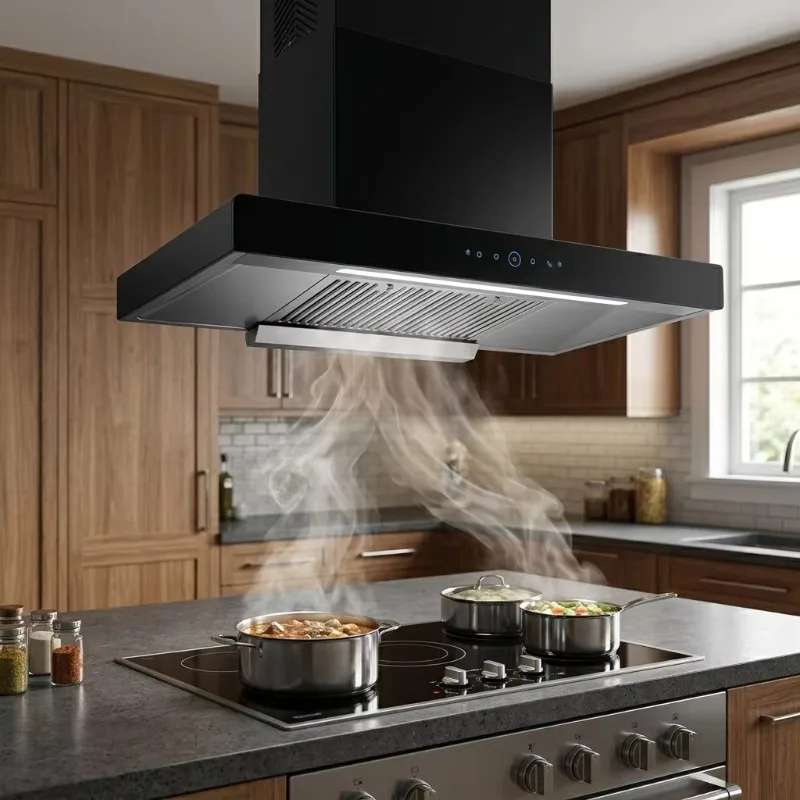 T Shape Range Hood Touch Panel Powerful Suction Household Kitchen Smoke Vent Hood