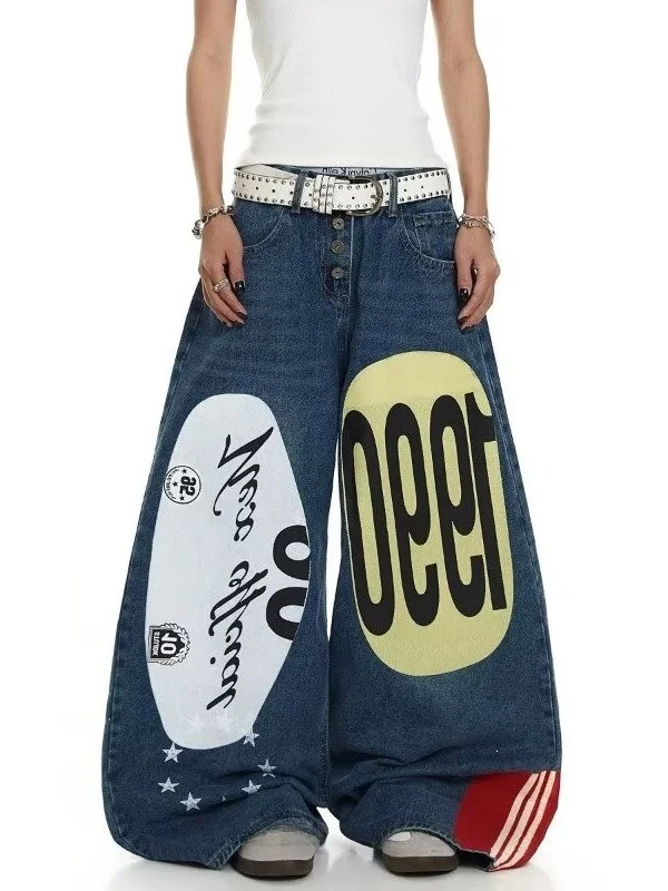 Calças Jeans Americanas de Perna Larga Estilo High Street Versáteis com Lavagem Knife Wash, Modernas e Soltas, Unissex, Casua...