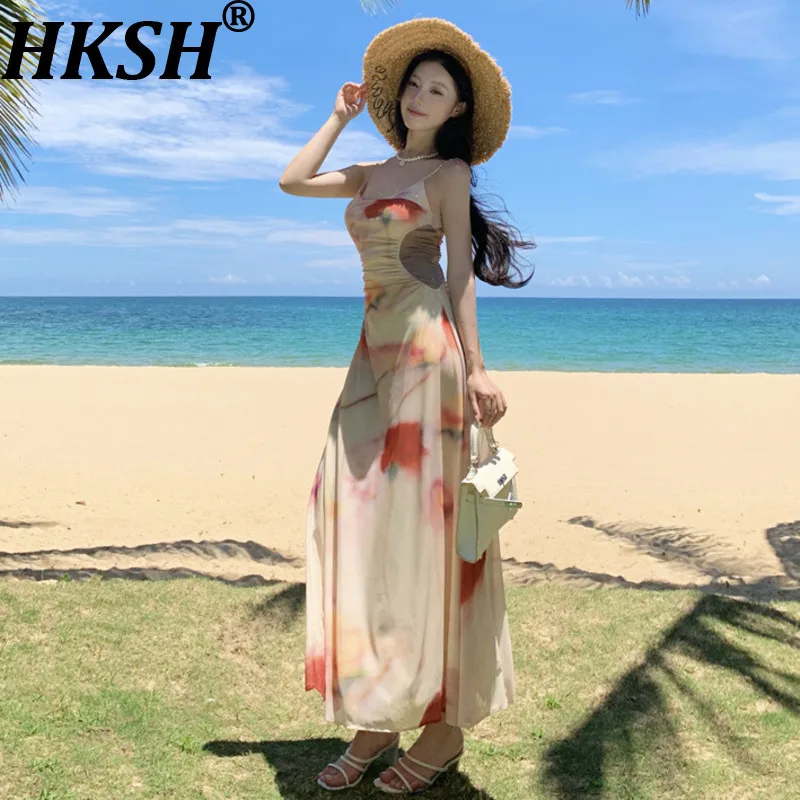 

HKSH Summer New Women's French Vacation Style Ins Tie-Dye Printed Patchwork Waist Cinching Slimming Sexy Long Strap Dress HK7814