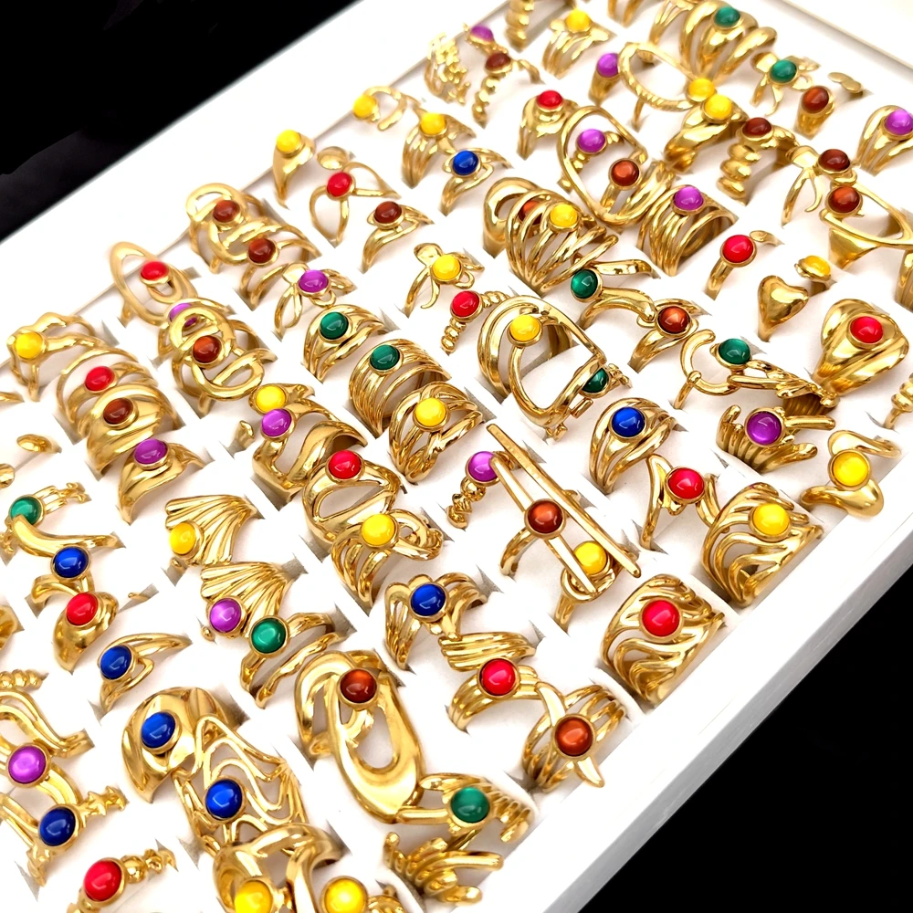 Bulk lots 15pcs 50pcs Colorful Beads Gold Plated Irregular Hollow Rings Resizable Women Party Jewelry