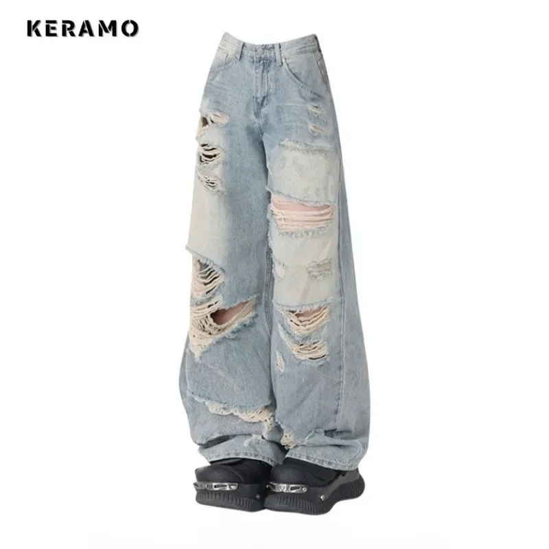 

American Retro High Waist Grunge Street Jean Pockets Hip-hop Baggy Light Blue Pants Women's Emo Casual Y2K Washed Denim Trouser