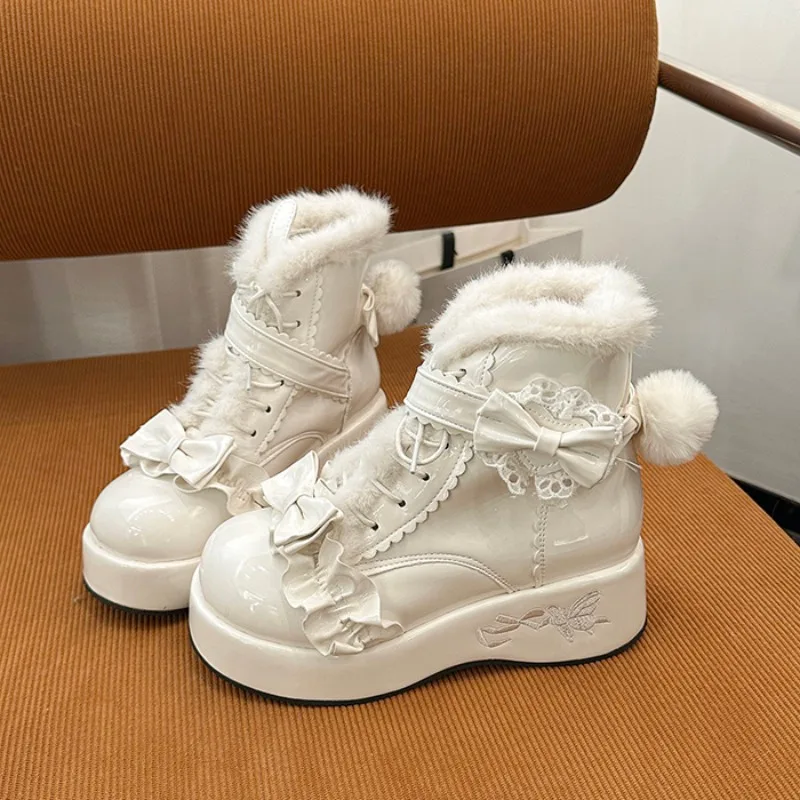 

Зимние ботильоны с бантом, модные нескользящие износостойкие хлопковые туфли на танкетке с круглым носком и шнуровкой на платформе