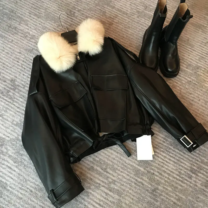 Chic Autumn Winter Detachable Faux Mink Fur Collar PU Bomber Jacket Plus Velvet Thick Trench Coat Faux Leather Zipper coat