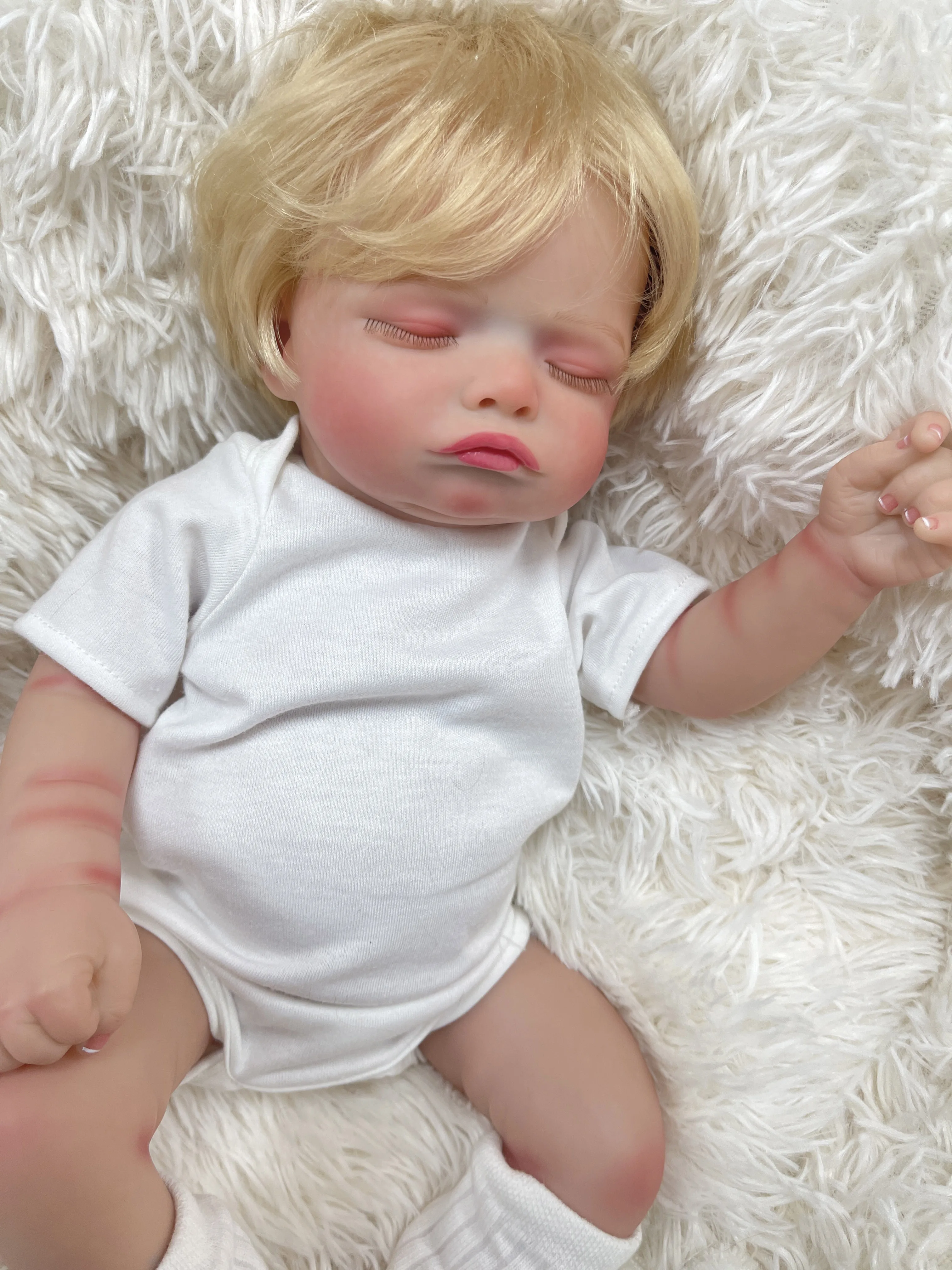 45CM Rosalie Cloth Body/Full Vinyl Body Already Painted Finished Sleeping Reborn Baby With Visible Veins and Hand Rooted Hair