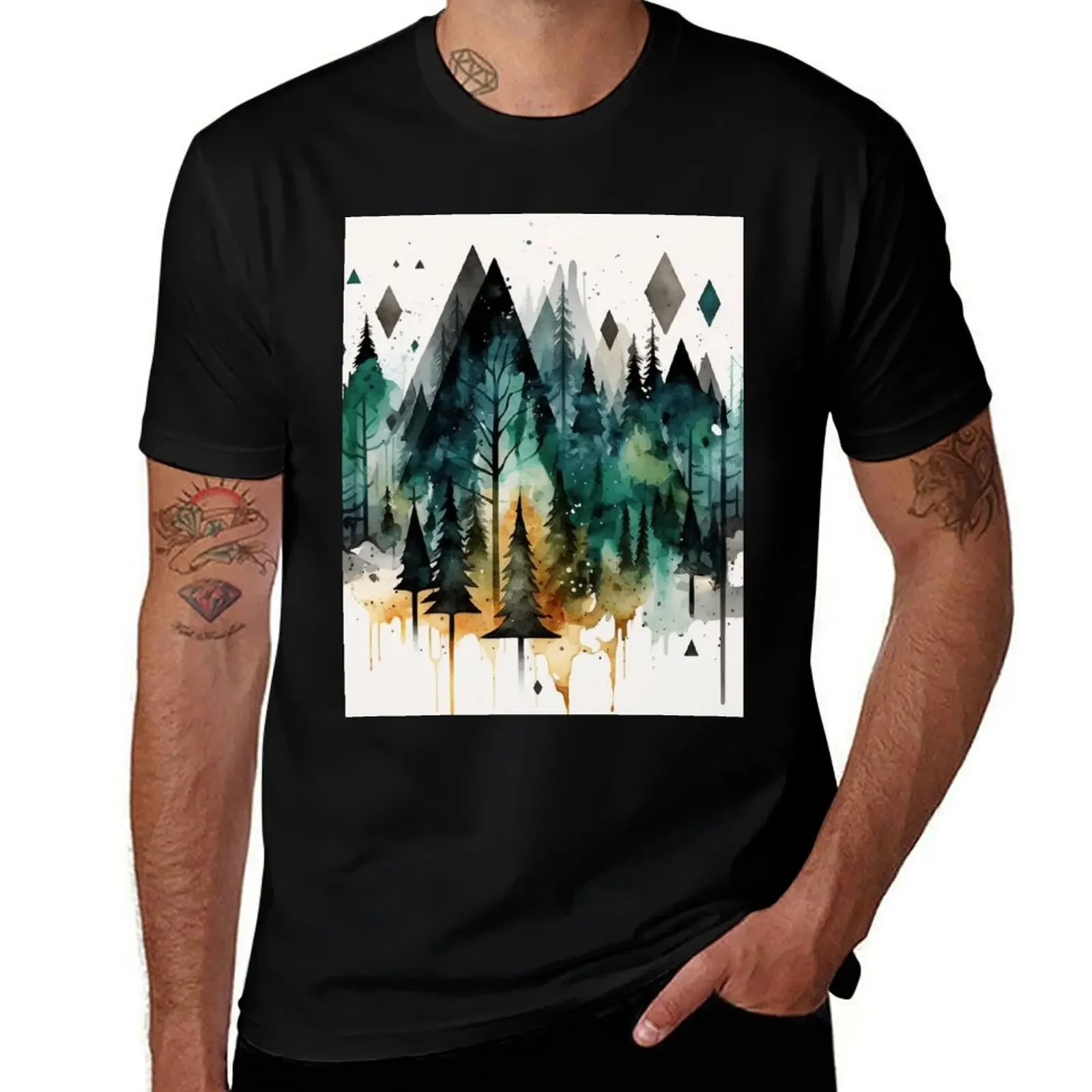 Abstract geometric shapes forest watercolor T-Shirt graphic shirts customs fruit of the loom mens t shirts