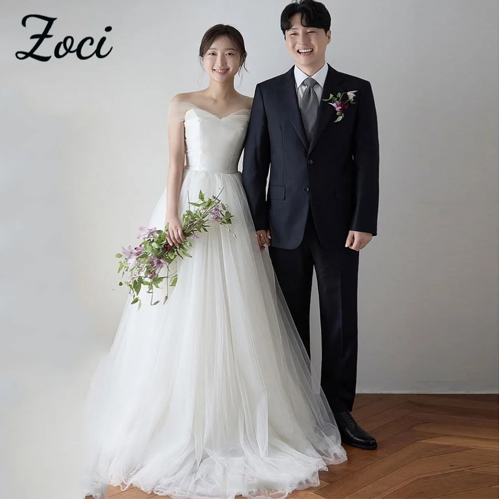 

Zoci Simple Off Shoulder Korea Wedding Dresses Photos Shoot Sweetheart Satin Tulle Dress Customized Corset Bride Reception Gowns