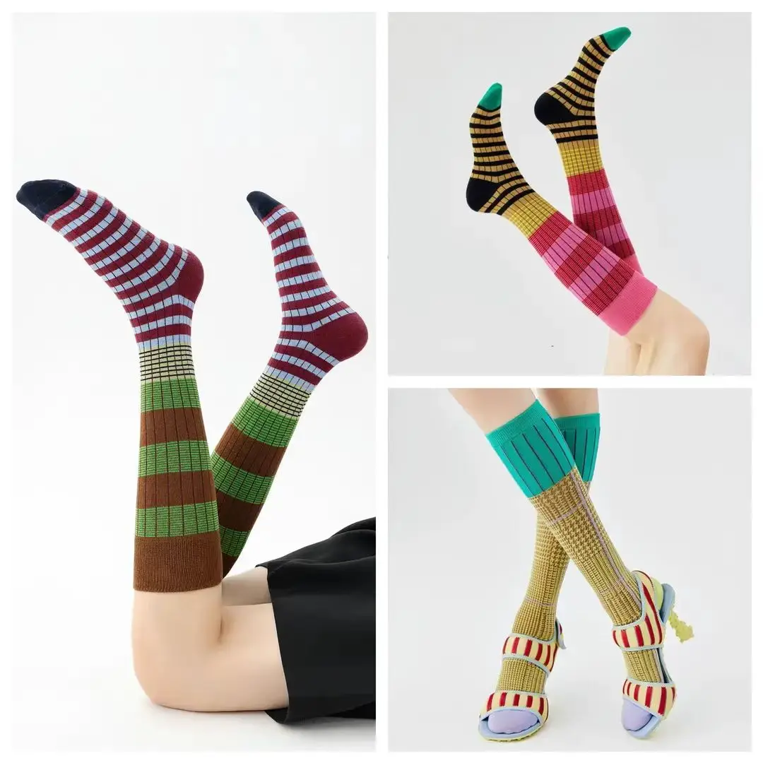 

Autumn Winter Ins Fashion For Woman Gradient Striped Colorful Retro Calf Socks Cotton High Tube Soft Sport Women's Casual Sox