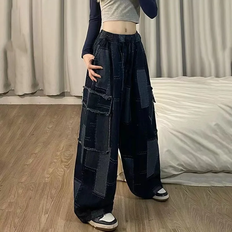 Jeans 2023 Woman Japanese Chic Wide Leg Pants Vintage Patchwork Plaid Pocket Trousers Streetwear Y2k Clothes Pantalon