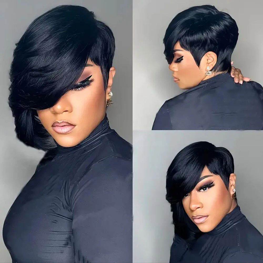 باروكات شعر بشري قصير، باروكة شعر برازيلي بقص عابث، مصنوعة آليًا بالكامل مع غرة للنساء، باروكات شعر بشري مفرود بطبقات