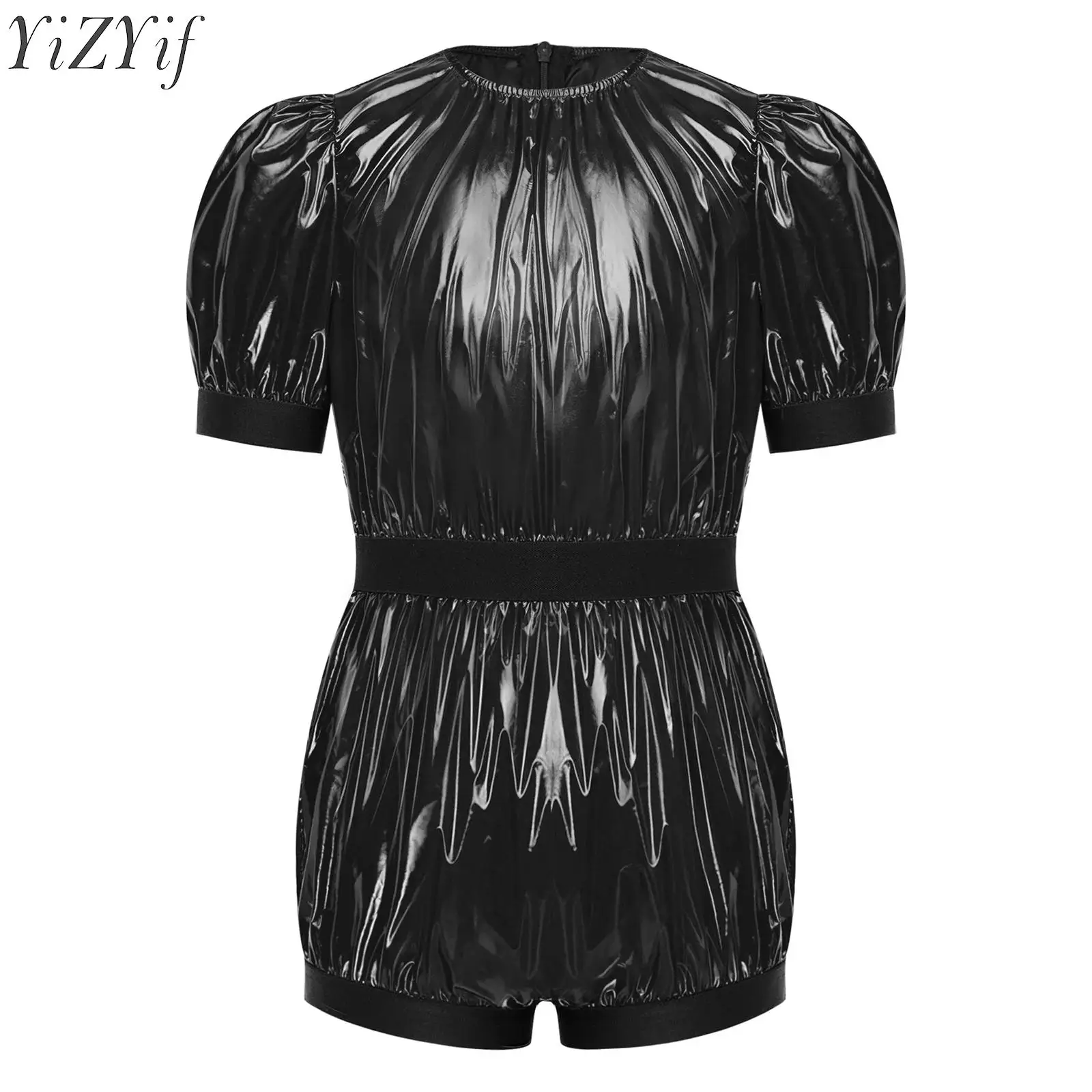 Kids Boys Girls Shiny PU Leather Shorts Jumpsuit Romper Round Collar Puff Sleeve Bodysuit Back Zipper Waterproof Special Needs