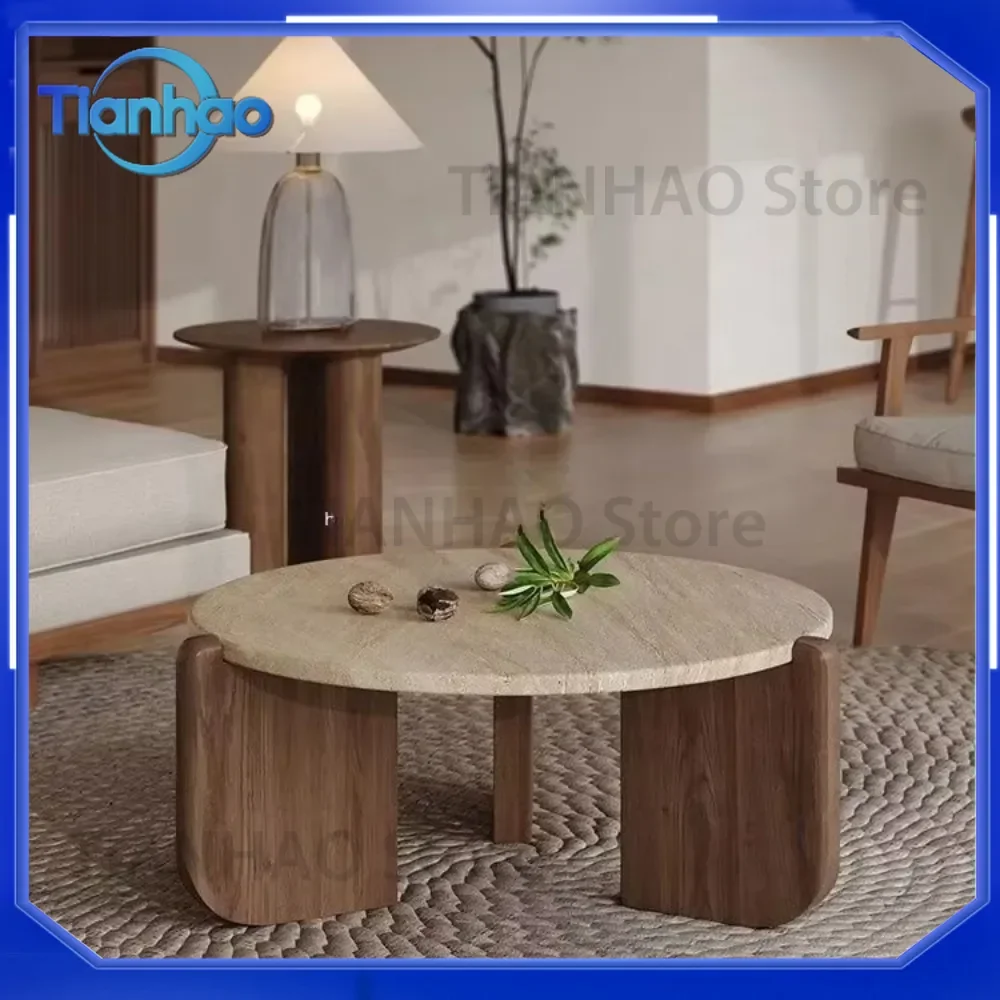 GEDO for 2025 Wabi-sabi Round Coffee Table with Solid Wood Legs and Sintered Stone or Natural Stone Desktop for Living Room
