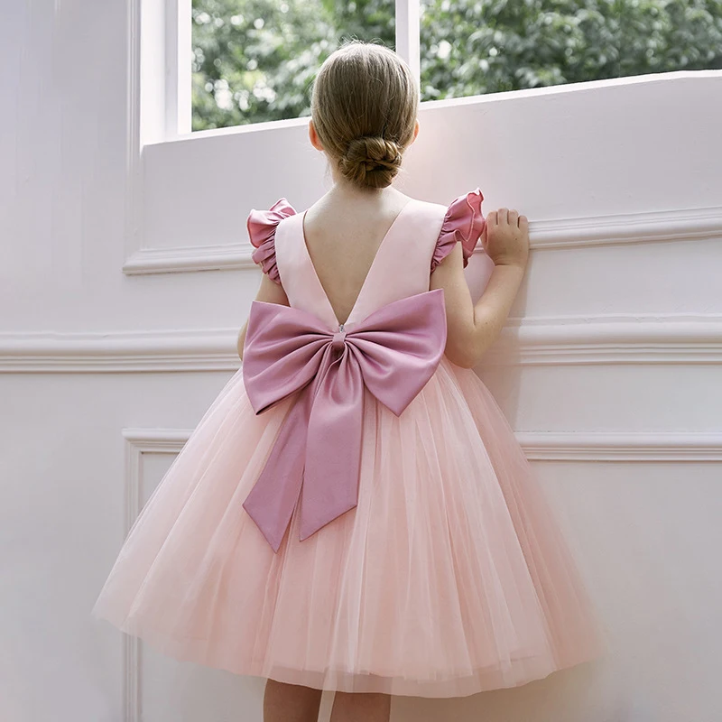 키즈 공주 백리스 푹신한 드레스 민소매 우아한 활 소녀 생일 파티 드레스 결혼식 가운을위한 꽃 소녀 드레스