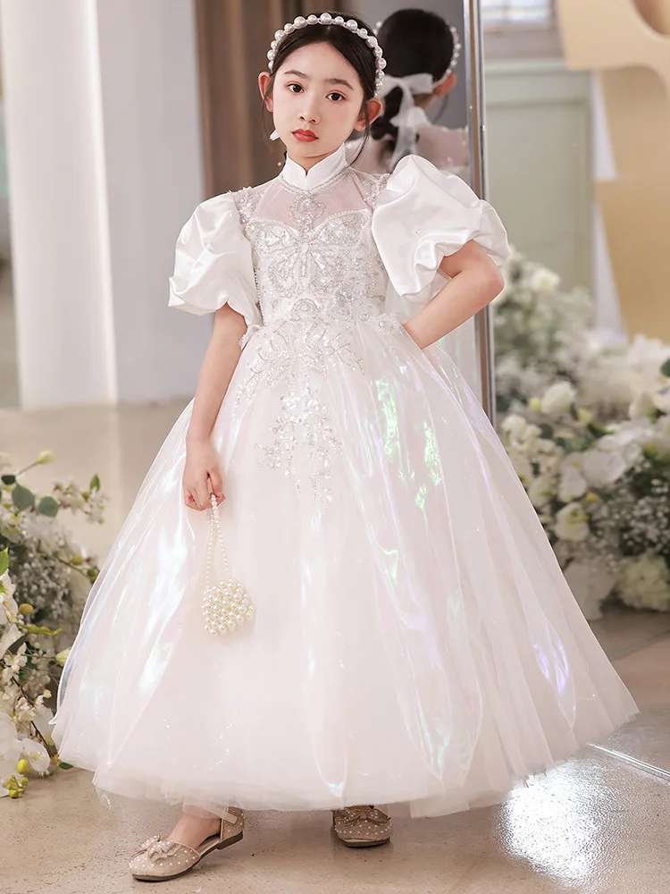 Birthday Party Flower Girls Dress Wedding Evening Palace retro white Children Princess Pageant Long Gown Kids Dresses for Girls