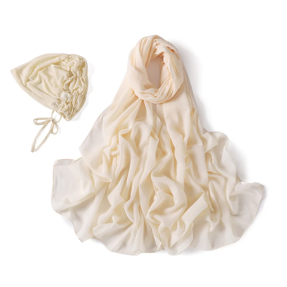 

2PCS Elastic Undercap + Solid Color Pearl Chiffon Scarf Set Muslim Hijab Women Long Shawl Wrap Scarf Turban Underscarf Turbante