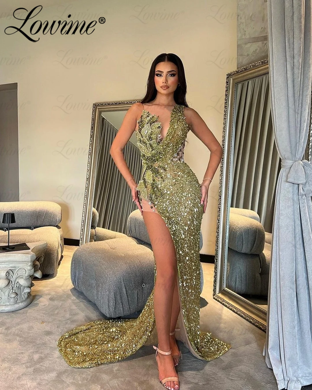 Hot Sexy Sage Green Women Party Dresses High Split Side Beads Sequined Prom Gowns Mermaid Long Evening Dress Robes De Soiree