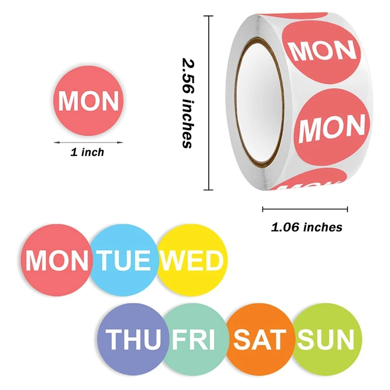 7 Day Of The Week Sticker,1 Inch Round Day Dot Food Rotation Labels-3500 Pcs Date Stickers For Food Containers(7 Rolls)