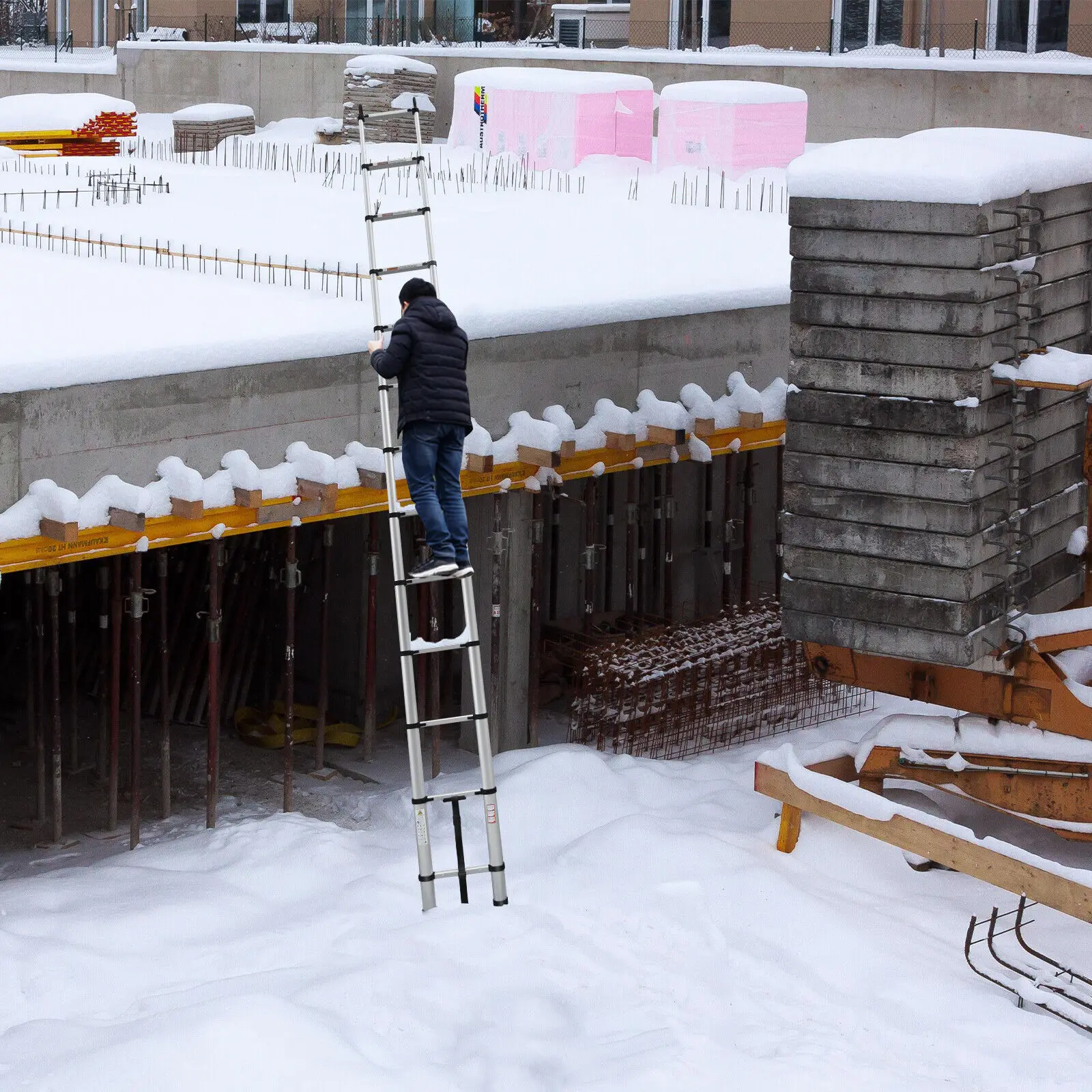 BRIEFNESS 6.2M/20.3FT Multi-Purpose Aluminium Telescopic Ladder W/Detachable Hooks&Extendable Steps,load capacity 150kg,No-slip