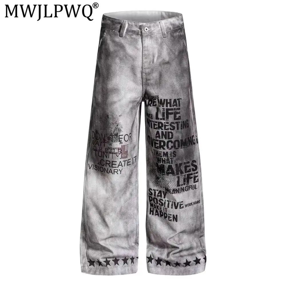 MWJLPWQ Punk Letter Print Distressed Wide-Leg Trousers For Men Street Style Heavy-Duty Niche New Loose Straight-Leg Pants 15317