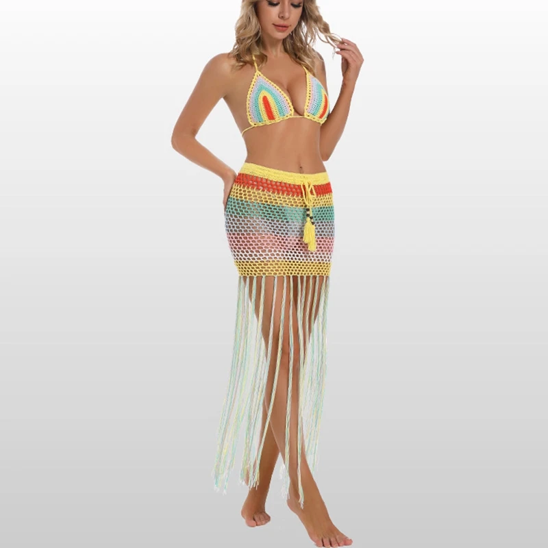 

Сексуальный укороченный топ бикини с лямкой на шее, бюстгальтер и юбка с кисточками и высокой талией, нижняя часть с запахом, 2 шт., женское длинное пляжное платье, вязаный купальник, накидка