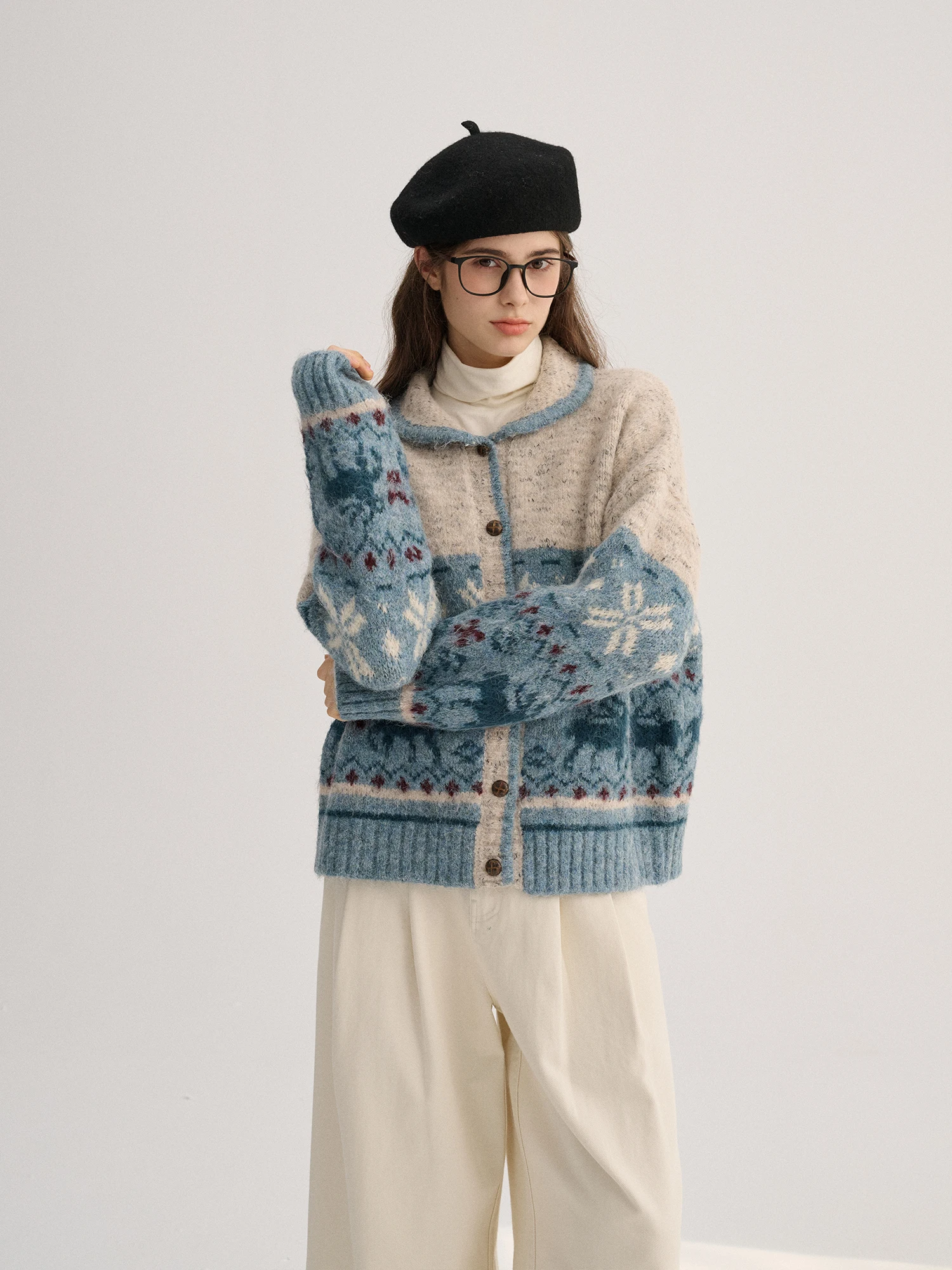 

Шерстяной кардиган Sullenger Iceland с винтажным воротником, сине-абрикосовый, женский, осенне-зимний, с длинными рукавами