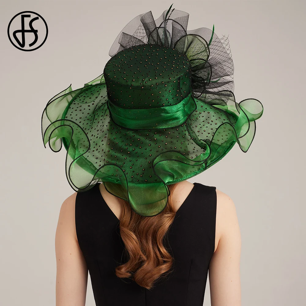 FS Organza Green Cap Wide Brim Church Kentucky Derby Hats For Women Mesh Bead Feather Flower Wedding Bride Fedoras 2024 Female