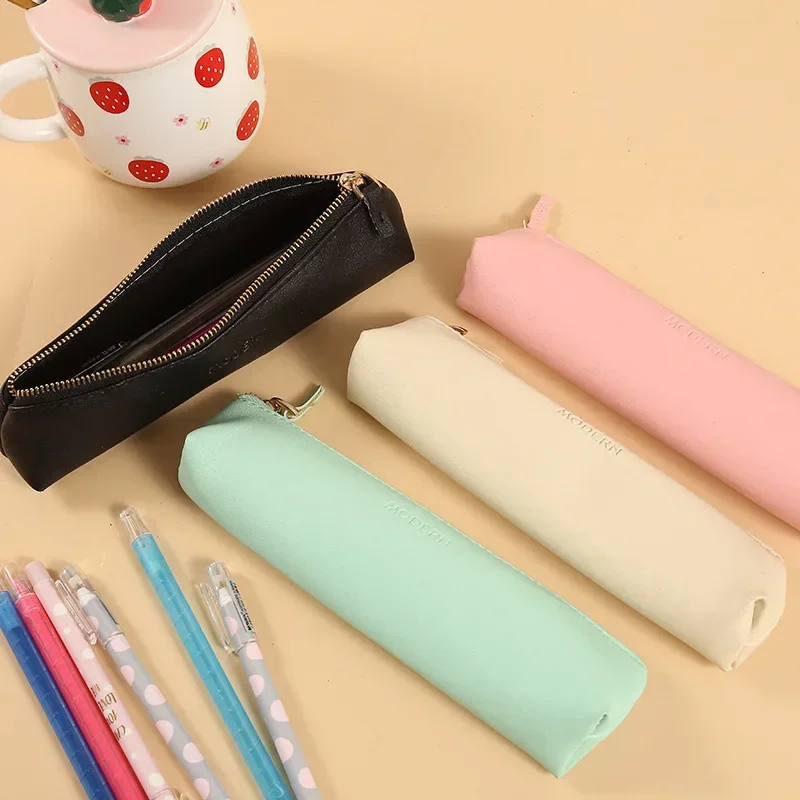 New PU Leather Pen Pencil Bag Simple Triangular Shape Vintage Color Case Storage Pouch for Pens Stationery School Pencils Bag