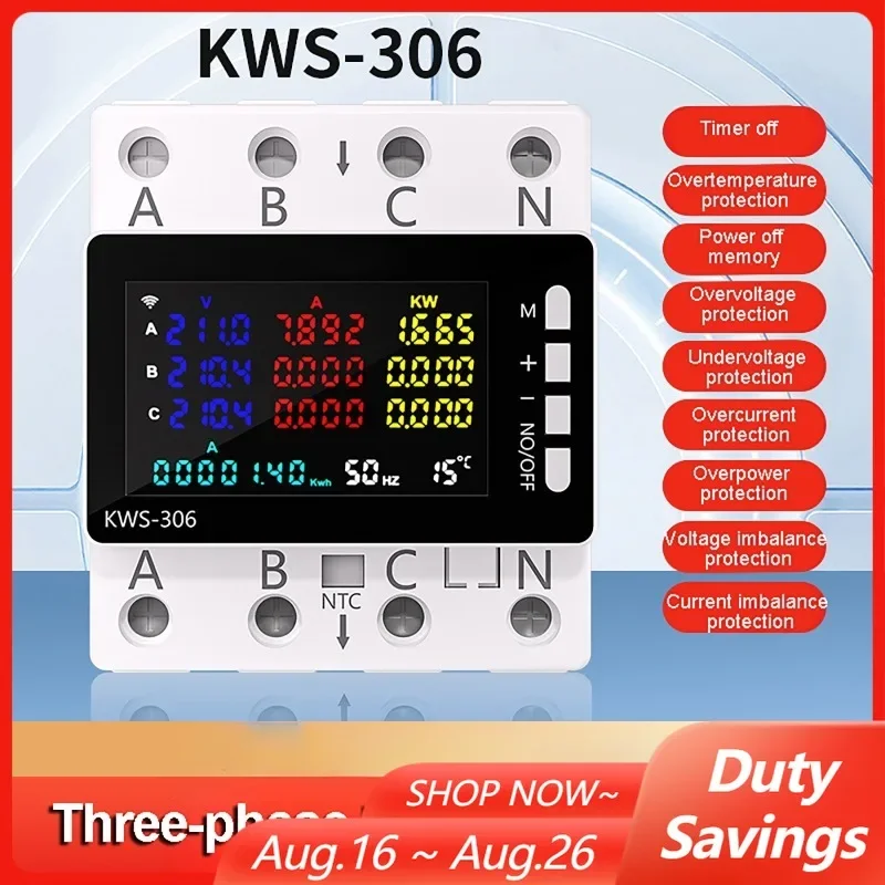 KWS-306 3-Phase 4-Wire TUYA WiFi Power Meter Over Under Voltage Protection Relay Switch Circuit Breaker Energy kWh Meter