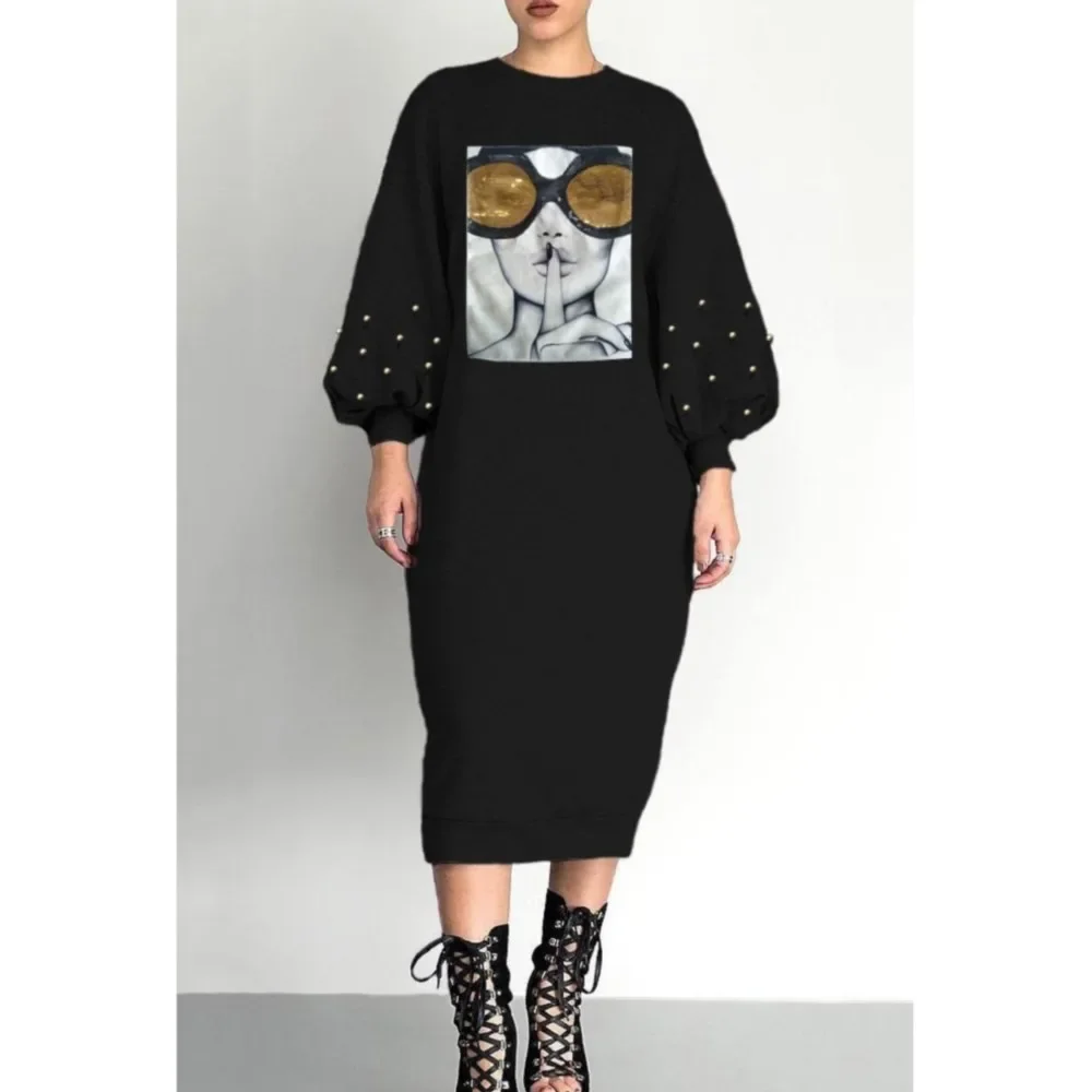 CPSYMYM Fashion Bubble Long Sleeve Beading Sequin Women's Hoodie Dress Spring And Autumn New Casual Printed T Shirt Female Long