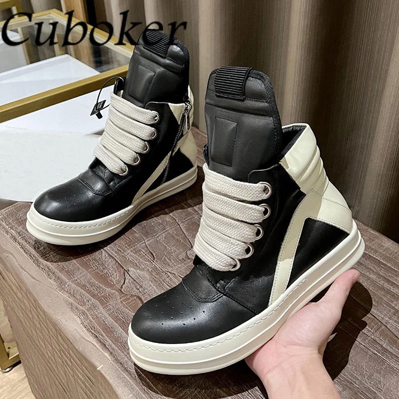 

2022 Brand Designer High Top Leather Men's Trainers Thick Bottom Women Lace up Sneakers Round Toe Runway Walking Shoes for Men