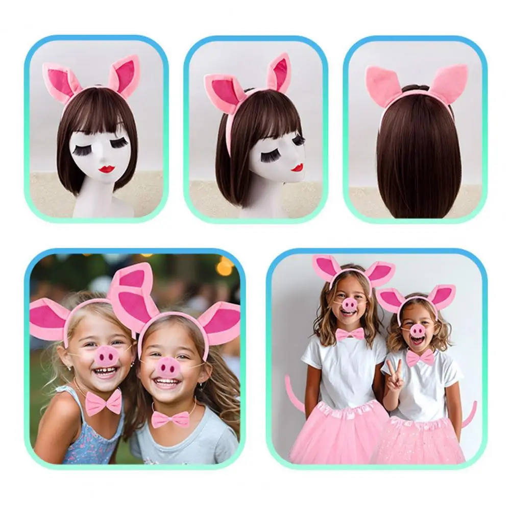 Невыцветающая повязка на голову для девочек, костюм свиньи для косплея, комплект с повязкой на голову со свиными ушками, галстук с бантом, сетчатая пряжа для носа для детей для купания