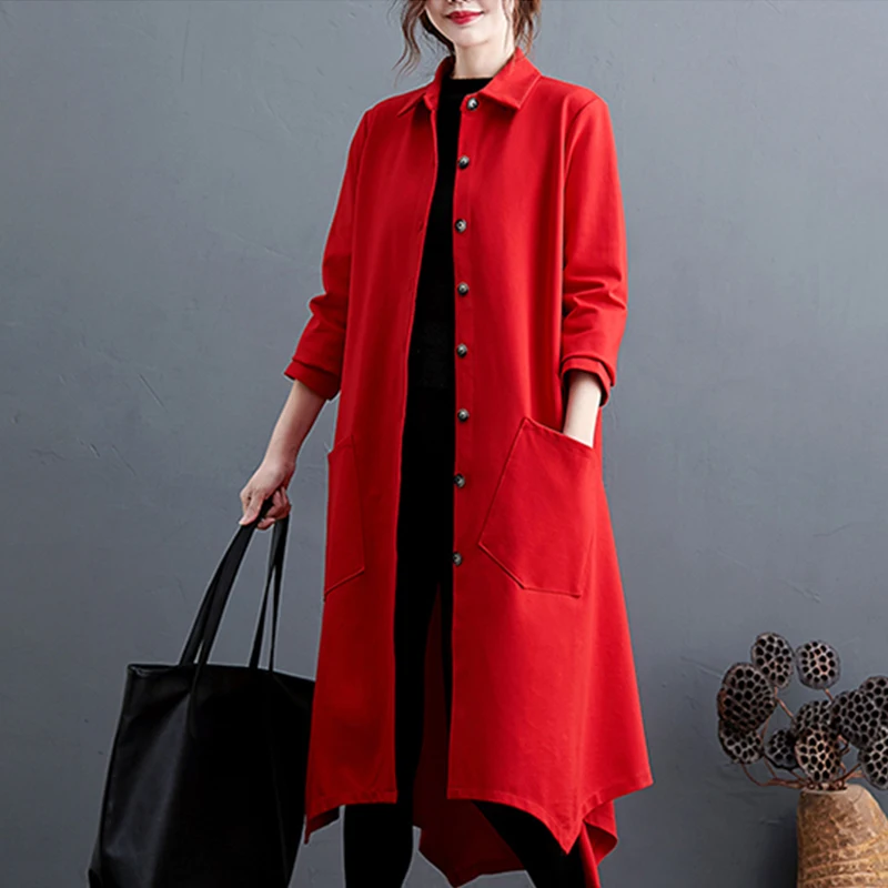 ピュアカラーAラインコットンポリエステルウィンドブレーカージャケットプラスサイズレディースロングスリーブターンダウンカラーボタン付きミッドレングスダブル...