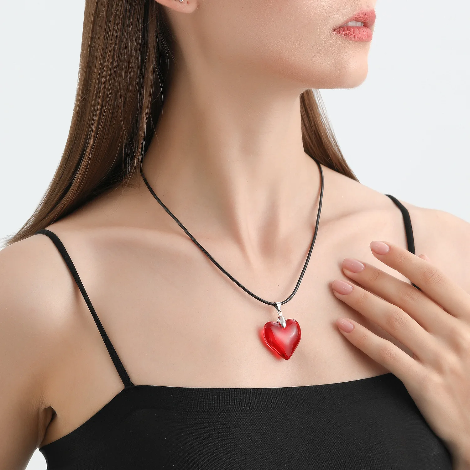 Red Heart Pendant Necklace For Women Girls Glass Crystal Necklace Black Leather Rope Chain Necklaces Y2k Jewelry Friends Gift image 3