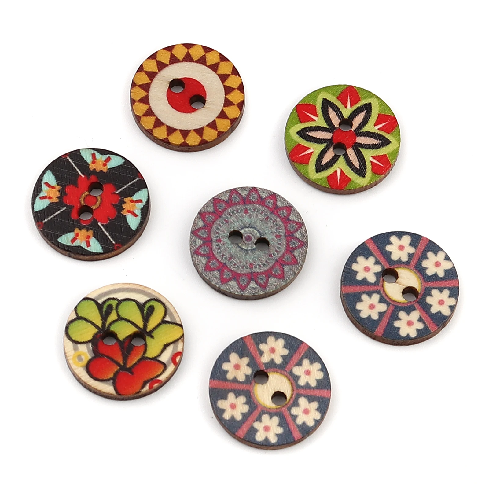 100 PCs 20mm 25mm Dia. Wood Buddhism Mandala Sewing Buttons Scrapbooking Two Holes Round Multicolor Flower  For DIY Craft Making