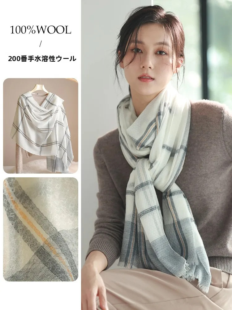 Echarpe-en-pure-laine-a-carreaux-pour-femme-fine-pour-l'automne-et-l'hiver-protection-contre-le-froid-version-coreenne-tendance