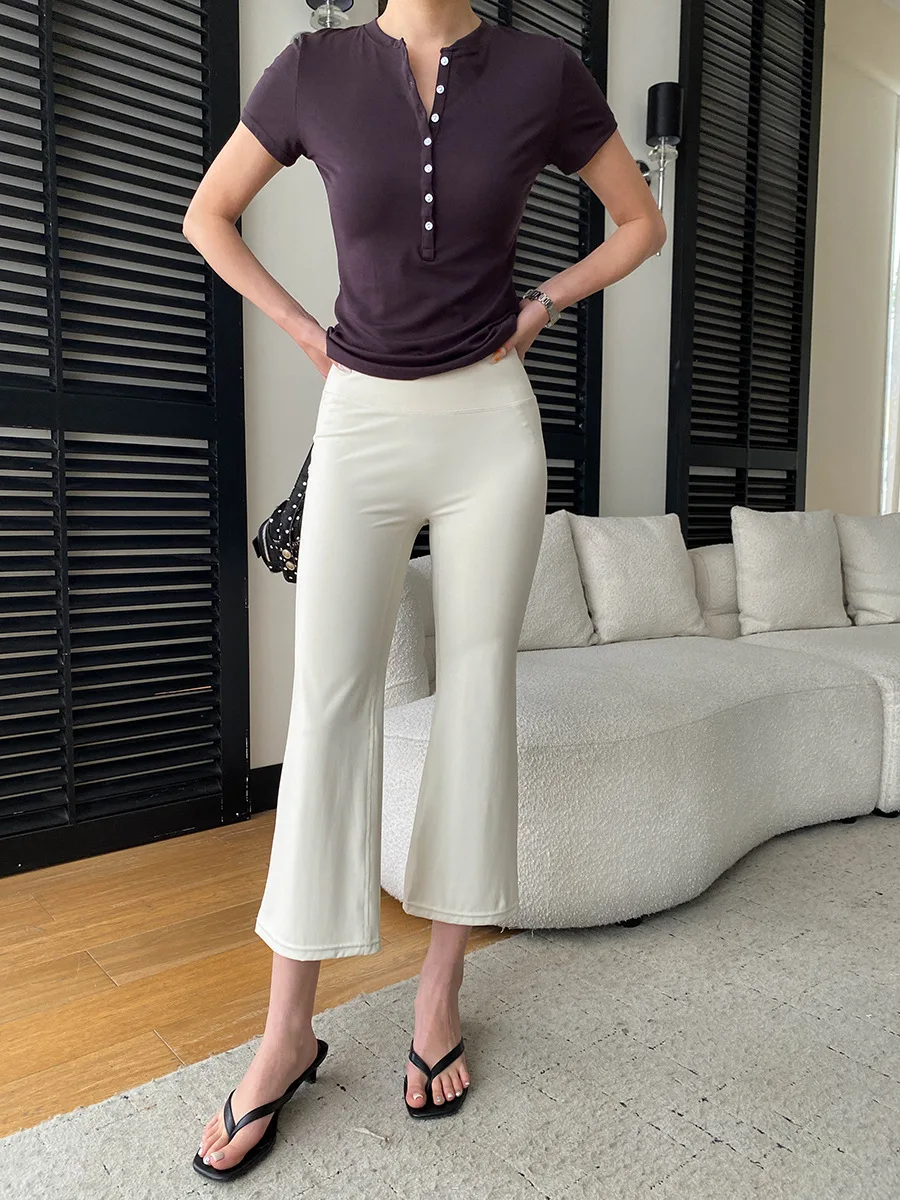 Sommerliche Damen-Yogahose in Uni-Farbe mit hoher Taille, Po-Lifting-Effekt, schmaler Passform, Bambusfaser-Beinen und leicht ausgestelltem Schnitt – Detail 17