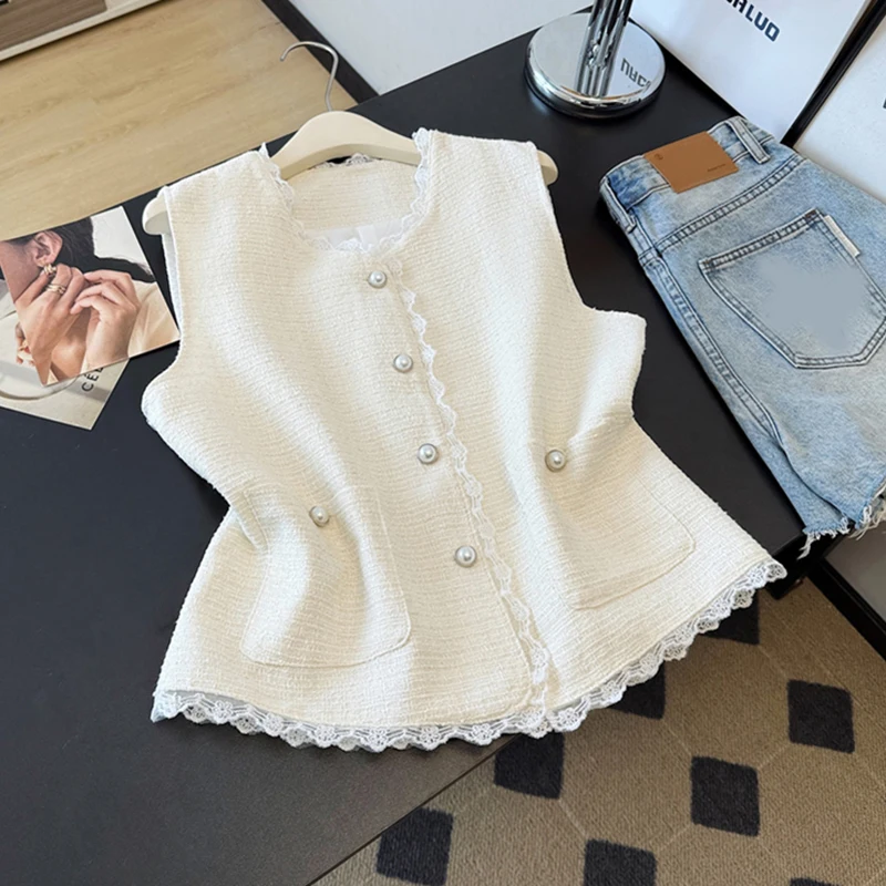 Fashion Lace Patchwork Vest Women Sleeveless Elegant Chic Button V Neck Jacket Simple Office Lady Sweet Pocket Female Coats New
