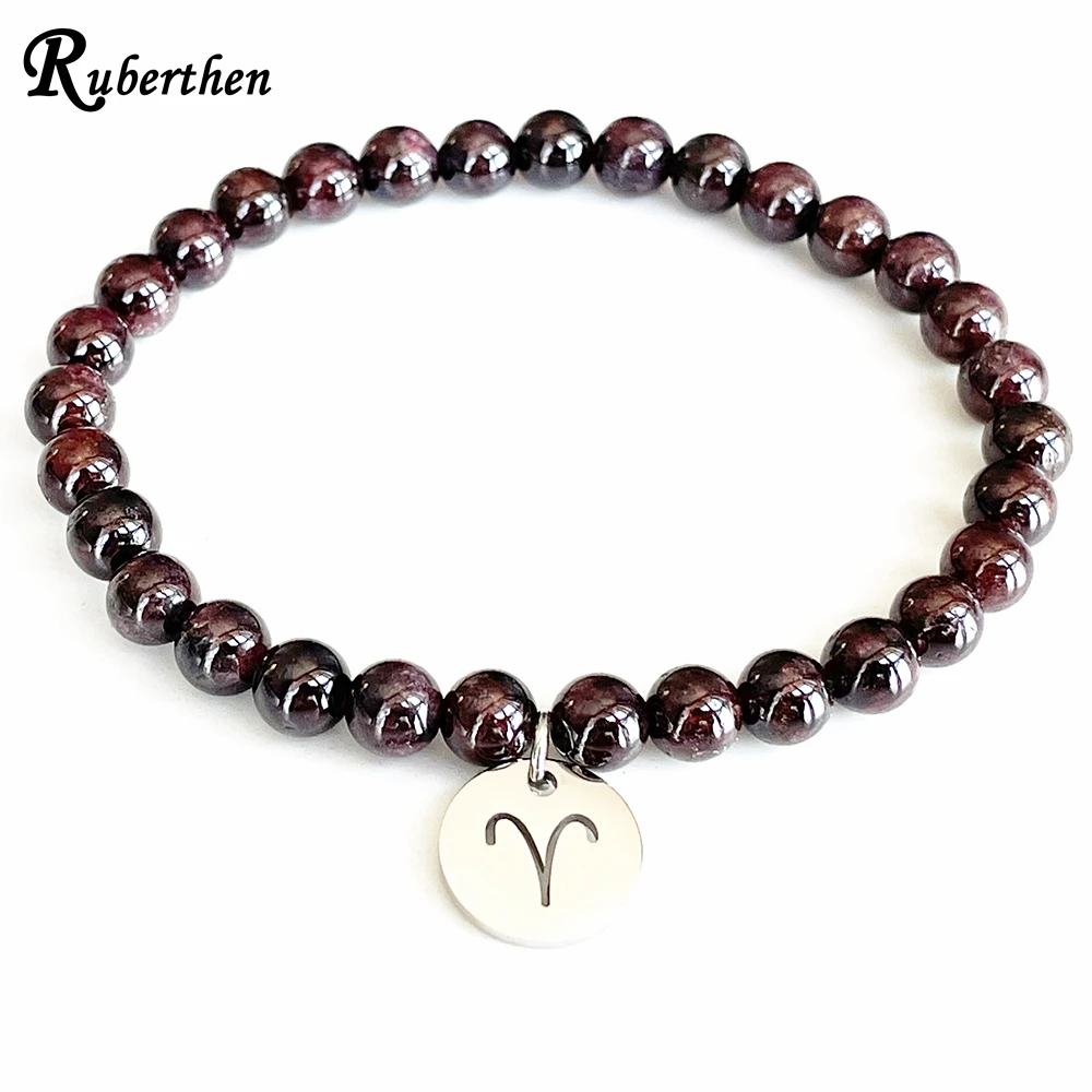 Ruberthen Fashion Womens Aries Zodiac Bracelet 6 MM Tanzania Garnet Chakra Yoga Wrist Mala Handmade Natural Gemstone Jewelry