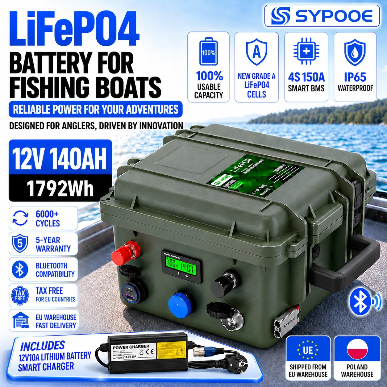 Image of LiFePO4 Batterie 12V 100Ah 140Ah 200Ah 1792Wh für Angelboot, Trolling Motor, Fischfinder und Schlauchboot, Bluetooth BMS, Grade-A-Zellen, IP65 Wasserdicht, 6K Zyklen, USB QC PD, Tragbare Lithium