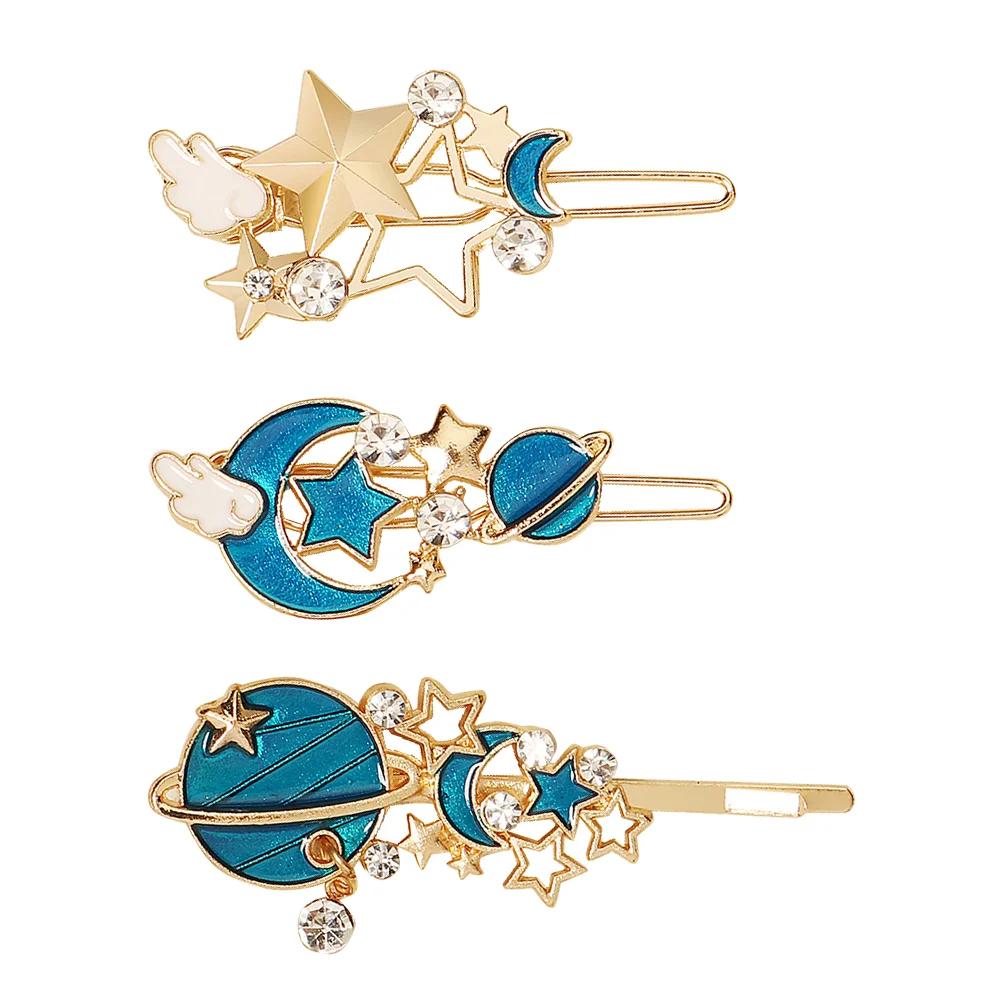 

3 Pcs Hair Clip Side Hairpins Gold Clips Moon Star Barrettes for Girls Accessories Bangs Rhinestones Miss