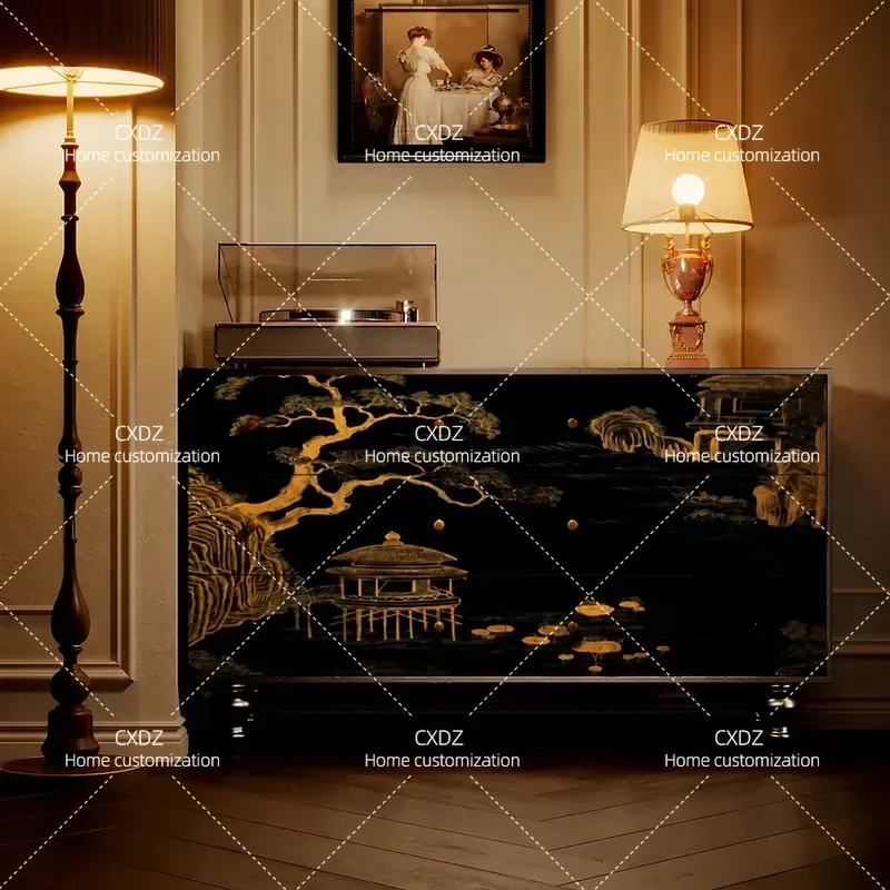 French Chinese style five buckets six chest cabinets black gold ancient building living room sofa side drawer storage bedside