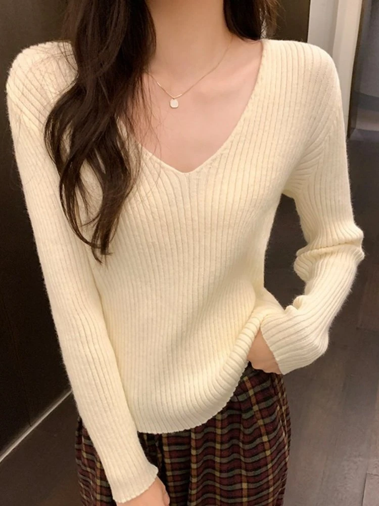 

Вязаный свитер с V-образным вырезом в корейском стиле, женская весенняя модная мягкая эластичная полосатая базовая рубашка, облегающий универсальный топ, модный тренд