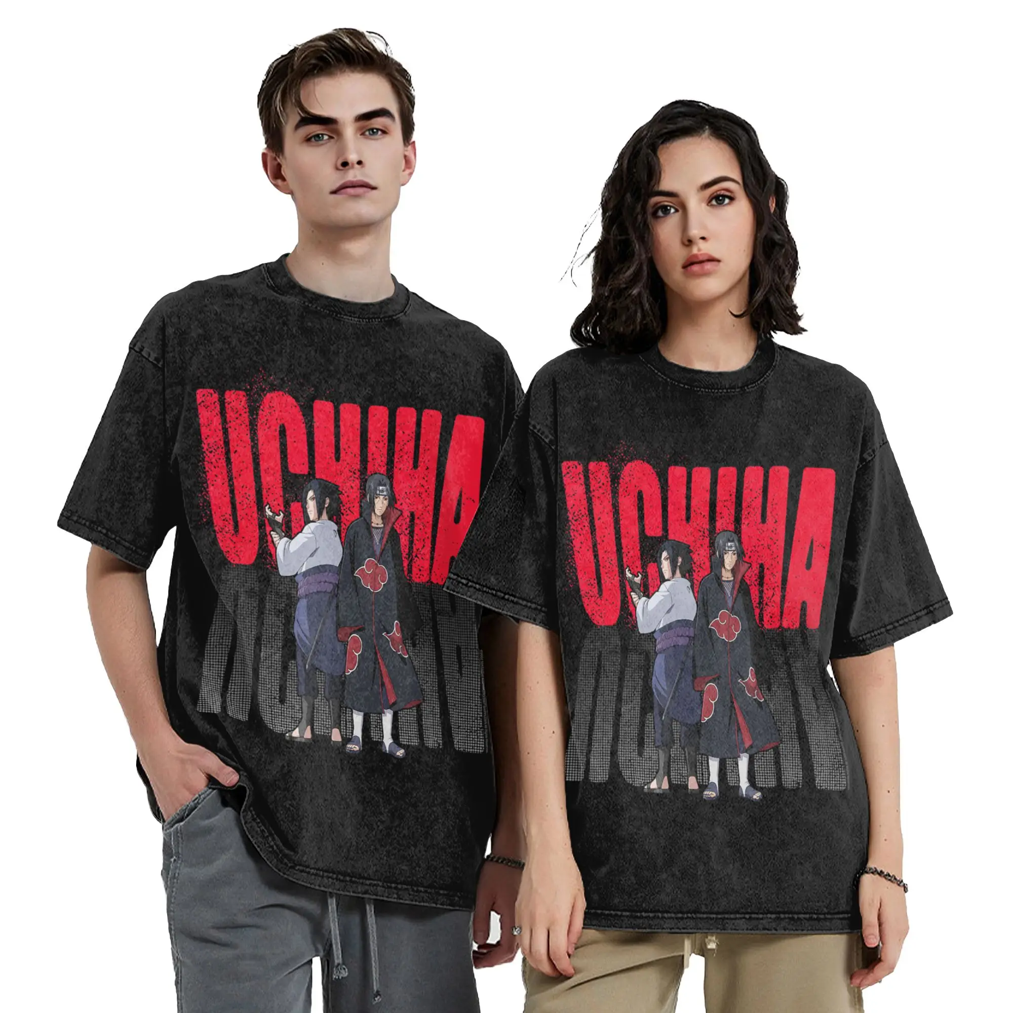 Shippuden Uchiha Itachi & Sasuke Gradient Logo Narutoes  Washed T Shirts Streetwear Hip Hop Fashion T-Shirt Tee Shirt Cotton