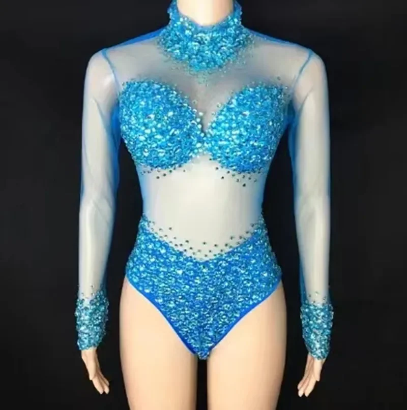 Sexy Mesh Transparent Stones Bodysuit Costume Birthday Party Outfit Rhinestones Rompers Women Singer Team Dance Pink White Blue