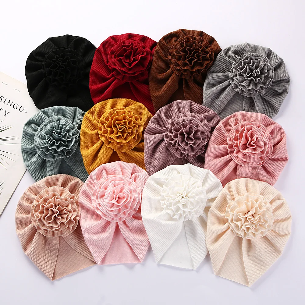 Big Blossom Flower Ribbed Turban Baby Hats Topknot Cotton Cap Toddler Boy Girl Headwraps Bonnet Newborn Beanies Kids Accessories