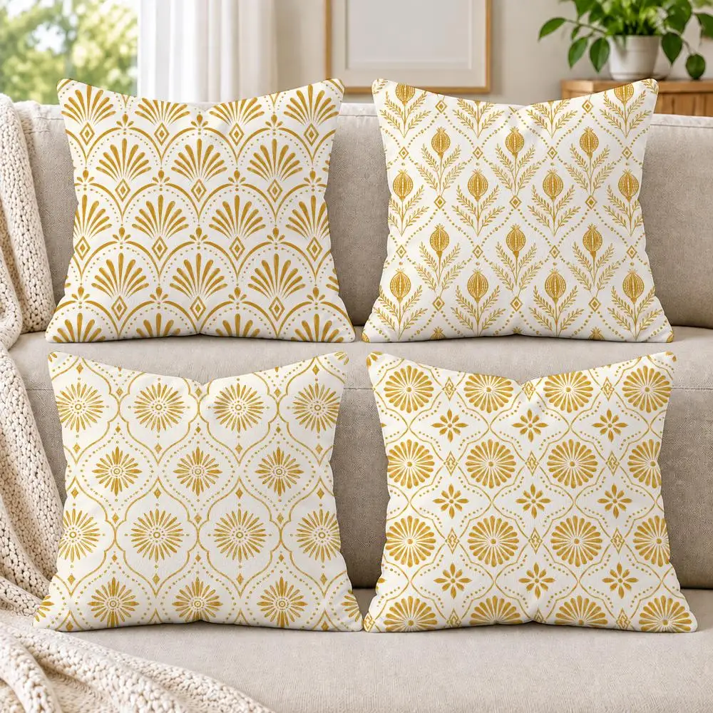 Vintage Gold Art Deco Damask Cushion Cover Soft Short Plush Pillow Cases Hidden Zipper Cutecore Sofa Bedroom Home Decor Gift