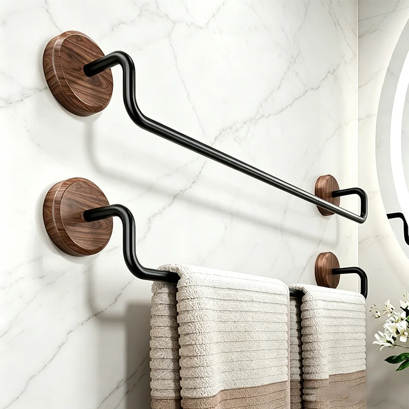 

Multifunctional Wall Mount Towel Shelf, Walnut Wood & Carbon Steel Towel Rack with 5cm Hanging Distance for Home Bathroom